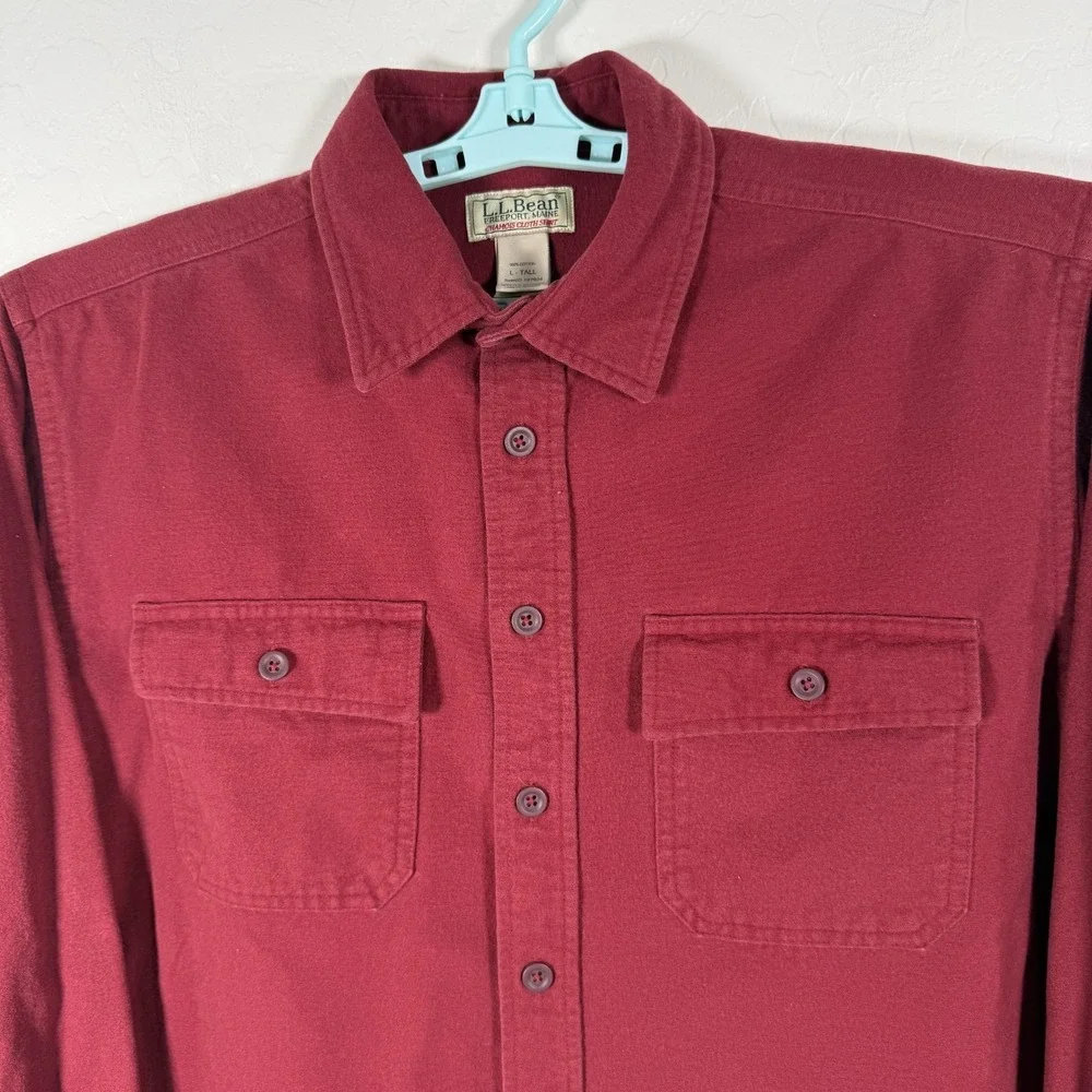 LL Bean Shirt Mens Large Tall LT Red Chamois Cloth Flannel Button Up Outdoor